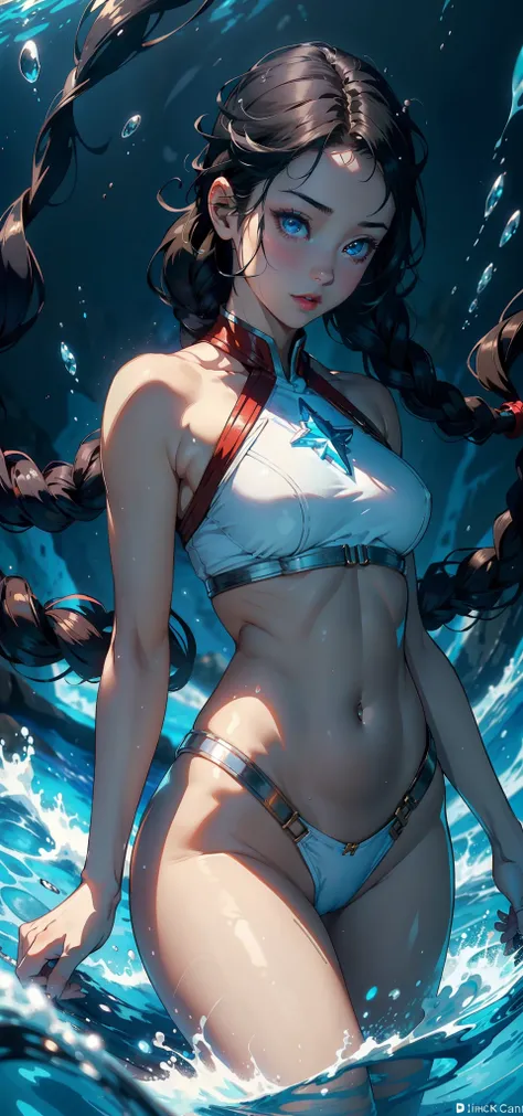 1female，age 5，Small loli，Bigchest， 独奏，（Background with：ocean floor，Under the water）Stand below the surface of the water ，She has short black hair，Twist braids，seen from the front， hair straight，，（（（tmasterpiece），（Very detailed CG unity 8K wallpaper），best q...