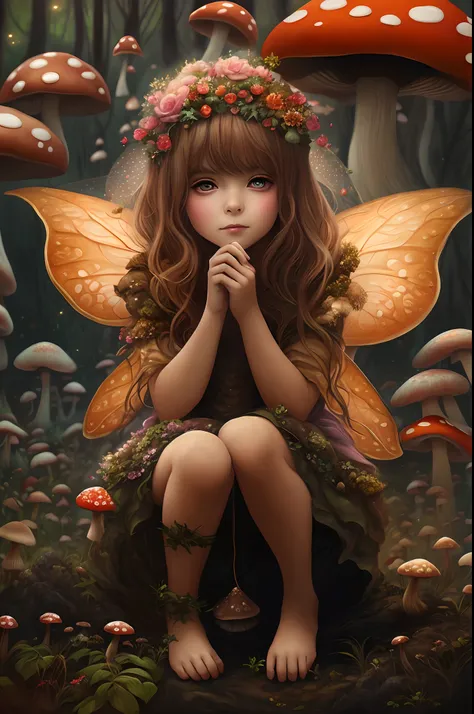 there is a little girl sitting on a mushroom covered ground, adorable digital painting, beautiful digital artwork, beautiful fantasy art, portrait of fairy, amazing fantasy art, portrait of a fairy, beautiful digital art, very beautiful digital art, gorgeo...