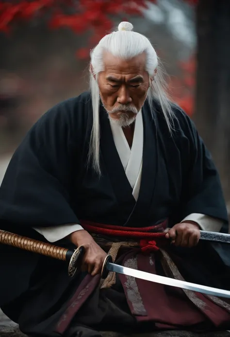 Historical, oldman, Samurai,battered,Black kimono, Japanese Katana Sword, long white hair, samurais,Grandpa, Burst