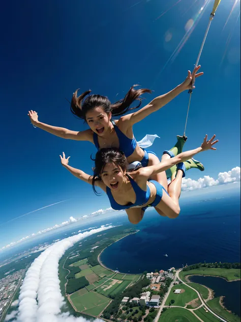 Fantastic aerial combat scene，1 Girls skydiving，Deep V set，Shorts, in a panoramic view，Anatomically correct，Upper knee portrait photo，hyper realisitc ，Reflective and dispersive materials. Light and dispersion of light，high detal,High quality