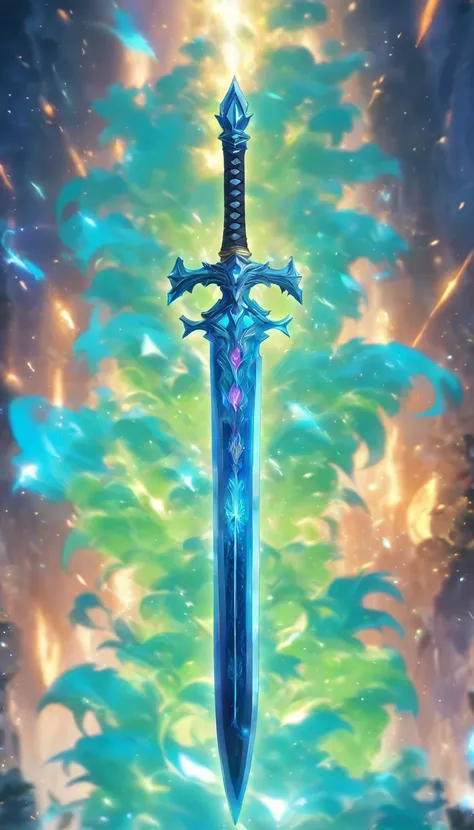 Excalibur, Delicate mango, The sword body is exquisite，well decorated,（((The body of the sword is designed with a blue opal and a light green particle effect shaped pattern..：1.3))), Should, (The sword body is symmetrically decorated:1.3), (The entire Exca...