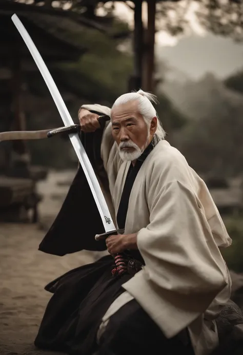 Historical, oldman, Samurai,battered,Black kimono, Japanese Katana Sword, long white hair, samurais,Grandpa, jolly