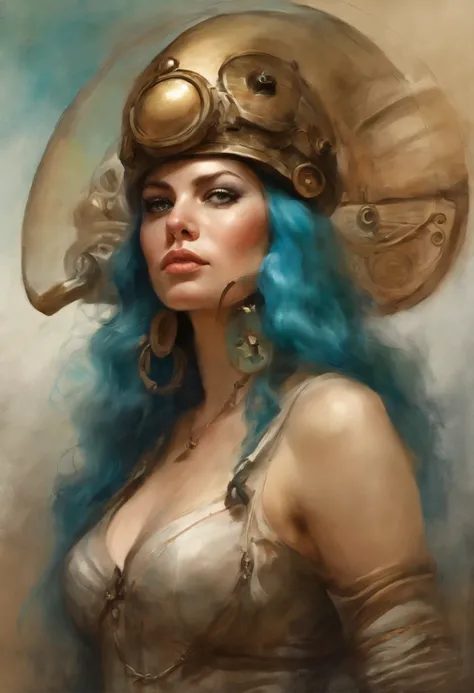 Close-up of a woman with a helmet and IBS - Fiore, Boris Vallejo et Tom Bagshaw, Graphic novel of the prophet, Artefacts cosmiques, inspired by Earl Norem, deepdream, Awarded on CGsociety, looks a bit like Amy Adams, Golden turquoise steampunk, Year 2070