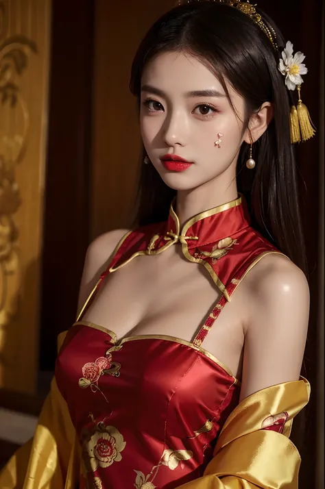 1girls,shrubs,Girl-Girl,china dress,chinese clothes,Chinese hair pins,(masterpiece:1.4),(bestquality:1.4),(oily shiny skin),Red lips,looking at the audience,Big breasts,cleft lip,upper body,