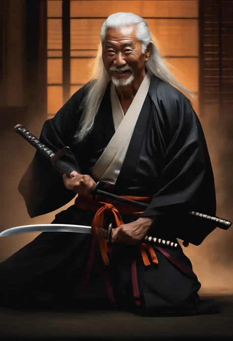 Historical, oldman, Samurai,battered,Black kimono, Japanese Katana Sword, long white hair, samurais,Grandpa, laugh