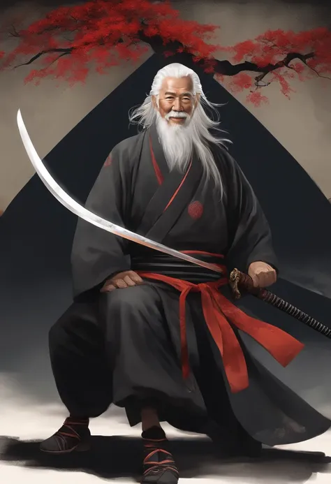 Historical, oldman, Samurai,battered,Black kimono, Japanese Katana Sword, long white hair, samurais,Grandpa, a smile,Heart stick