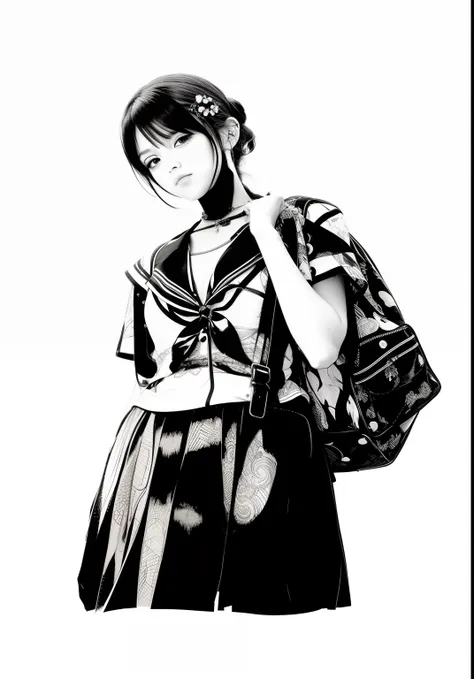 Drawing of a woman with a backpack and handbag, black and white manga style, ink manga drawing, manga style of kentaro miura, sui ishida art manga, in manga style, tall female emo art student, manga character, Kentaro Miura Manga Art Style, tsubasa nakais ...