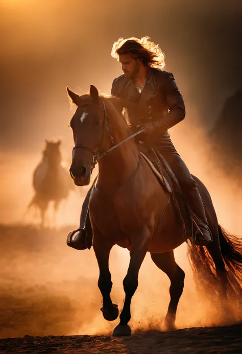 To create an image of a young, powerful man resembling Hercules riding a horse at sunrise, select an appropriate outdoor location with soft morning light and mist, dress the model in a heroic costume, and capture the scene as the model rides the horse into...