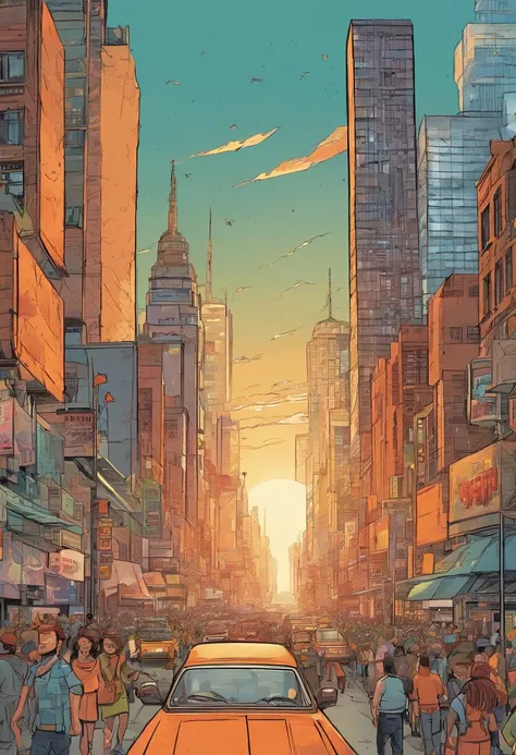 bustling cityscape, with skyscrapers reaching for the sky. The sun is setting, casting a warm orange glow over the scene. People are walking on the streets, and cars are stuck in traffic.]