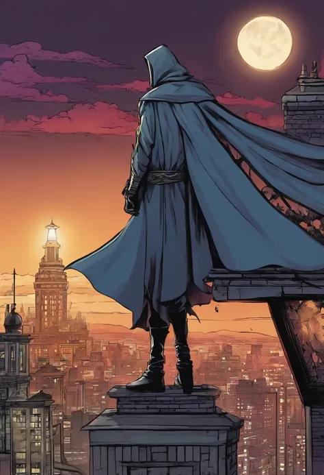 A rooftop view of the city with a full moon overhead. A mysterious figure in a dark cape stands at the edge of the building, looking out over the city.]