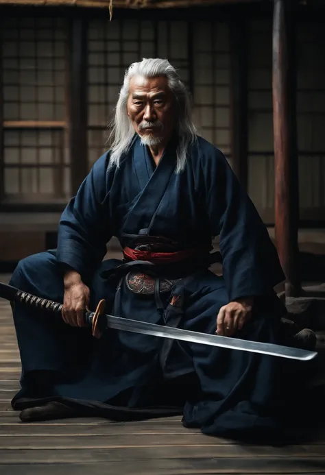 Man sitting on a battered floor, oldman, Samurai Blue Closer , angry, Expression marks, katanas, long white hair,a smile,Japanese Katana Sword