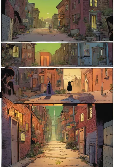 The same alleyway, but now a shadowy figure with glowing eyes and a cape swoops down from above, startling the thugs.]