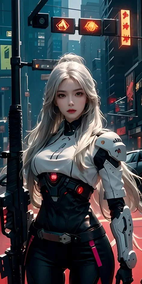 photorealistic, high resolution, soft light,1women, solo, hips up, (detailed face), white long hair, cybersamurai, cyborg, cyberpunk,  cyber armor, holding weapon,glowing,gun, sniper, on the street