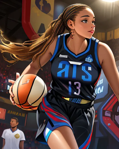 arafed female basketball player in a black uniform with a ball, ashteroth, alana fletcher, cover shot, patron saint of 🛸🌈👩🏾, annie lebovetz, portrait of maci holloway, bottom angle, middle close up shot, 🕹️ 😎 🔫 🤖 🚬, lighting her with a rim light, lit up, m...