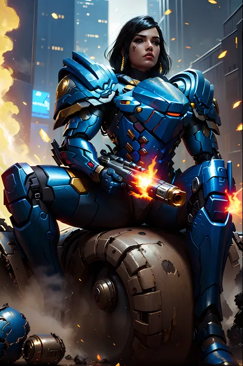 Masterpiece, detailed, Pharah wearing armored boots, power armor, holding gun, weapon, energy gun, sitting on a destroyed robot, apocalyptic scene, flames, nighttime, neon lights