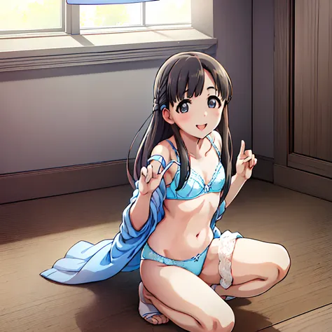 Soio、、((((a room)))、、White panties、(Blue bra))、、Soio、(((an lingerie)))、open-shirt、Blue shirt、A dark-haired、、Smile、The long-haired、、raise arms、Bra、、(((((Solo))))、s ass