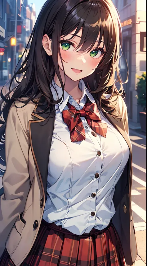 ((masutepiece, Best Quality, hight resolution, nffsw, Perfect Pixel, depth of fields, 4K, nffsw, nffsw))), 1girl in, Single, Solo, Beautiful anime girl, Beautiful Art Style, Anime Character, ((Long hair, Bangs, dark brown hair, Curly hair:0.8)), ((Green ey...