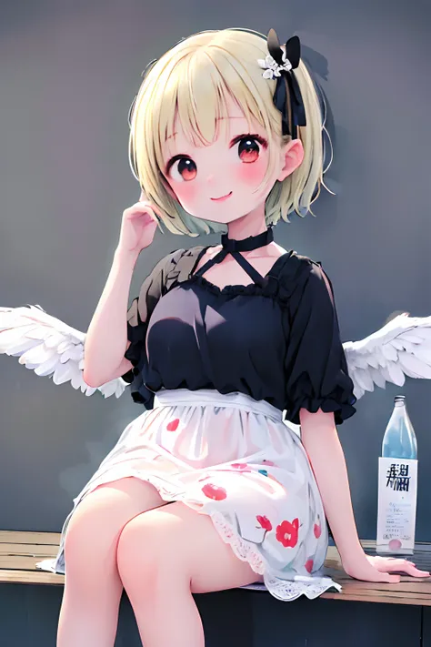 (Best Quality, masutepiece, Raw photo,Ultra-detailed:1.2), 1girl in,Solo,小柄、Little Devils Wings、Fluffy dresses、Young look、Looking at Viewer,Smile,Sitting、Large bin with liquid、Holding the bin in your hand、Have a big bin