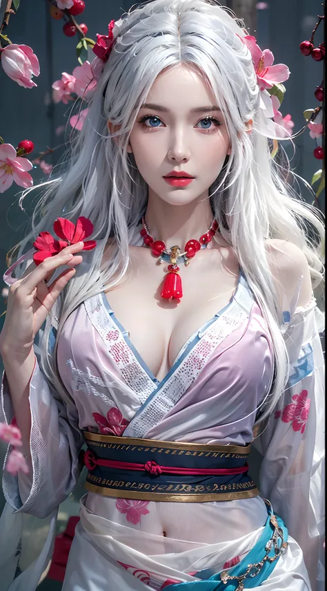 photorealistic, high resolution, soft lights, 1women, solo, hips up, blue eyes, white hair, long hair, blue eyes, red lips, jewelry, kungfu clothes, tattoo, cherry blossom