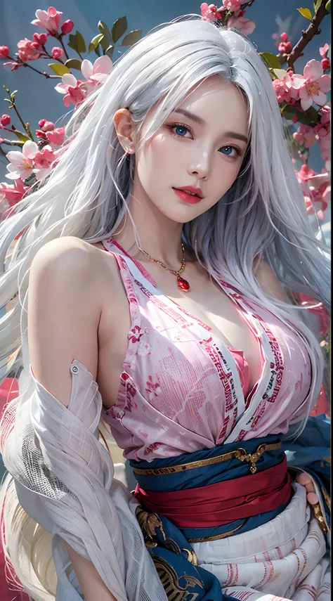 photorealistic, high resolution, soft lights, 1women, solo, hips up, blue eyes, white hair, long hair, blue eyes, red lips, jewelry, kungfu clothes, tattoo, cherry blossom