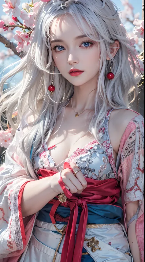 photorealistic, high resolution, soft lights, 1women, solo, hips up, blue eyes, white hair, long hair, blue eyes, red lips, jewelry, kungfu clothes, tattoo, cherry blossom