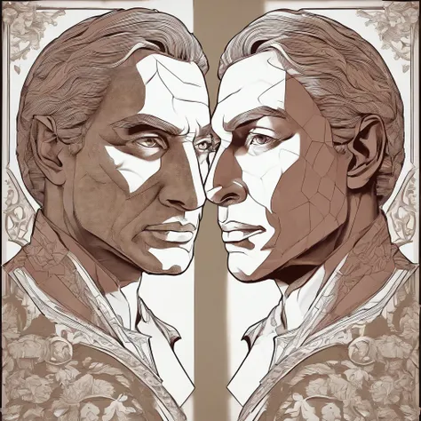 face to face left half {The first character} and right half {The second character}, 2 sides of the image, in the style of todd mcfarlane, mirrored realms, close-up intensity, captivating gaze, marvel comics, dynamic graphic novel, photorealistic scenes, de...