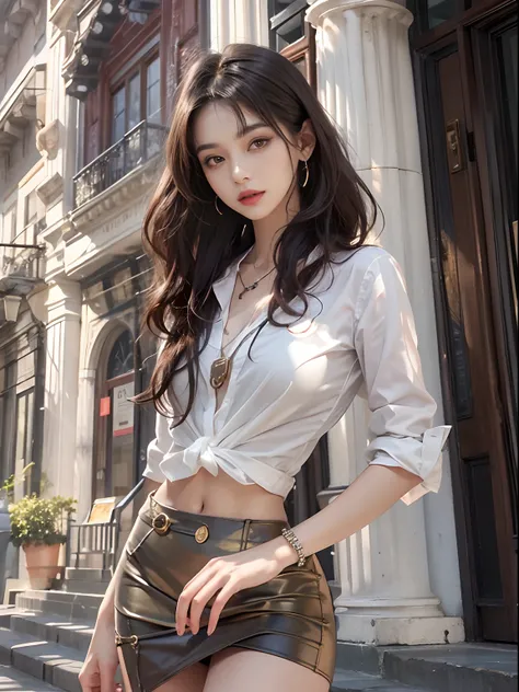 （best qualtiy，A high resolution，tmasterpiece：1.3），A tall and beautiful woman，Slender abs，Dark brown hair in loose wavy styling，nedium breasts，Wear a pendant，white button-down blouse，obi strip，a black skirt，（Modern architecture in background），Beautifully re...