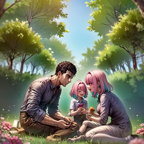 (a happy family in a picnic garden),(riamu as a motherly figure),(riamu and her husband spending quality time),(a couple enjoying the outdoors),(riamus children playing and having fun),(guts as a loving and caring father),(a loving husband and wife),(riamu...