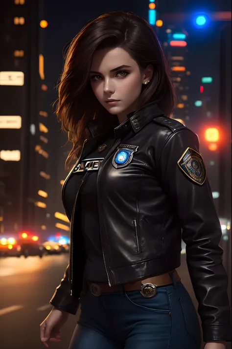 Portrait of Nuttle as a beautiful female model, Georgia Fowler, beatiful face, with short dark brown hair, in cyberpunk city at night. She is wearing a leather jacket, black jeans, dramatic  lighting, (police badge:1.2)