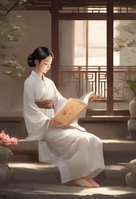 The little girl in the white robe is reading carefully. The style is Yumei, animated GIF, small jump, traditional clothing, animated character design, Chinese painting, light gray, cute, modest charm, classical style, Minimalism --ar 3:4 --q 2 --niji 5