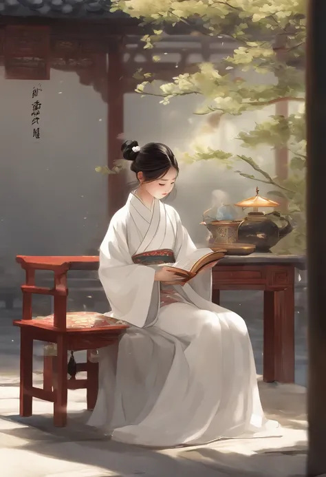 The little girl in the white robe is reading carefully. The style is Yumei, animated GIF, small jump, traditional clothing, animated character design, Chinese painting, light gray, cute, modest charm, classical style, Minimalism --ar 3:4 --q 2 --niji 5