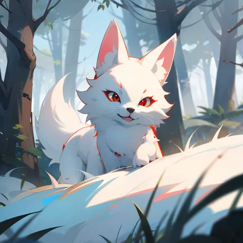 A cute little white fox in the woods,red eyes,white fur