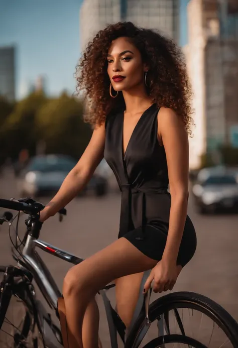 Sexy wonderful mixed-race woman wearing a homewear jumpsuit ,rouge a levre ,8k, ombre , City background , poses sexy, long curly hair, by bike