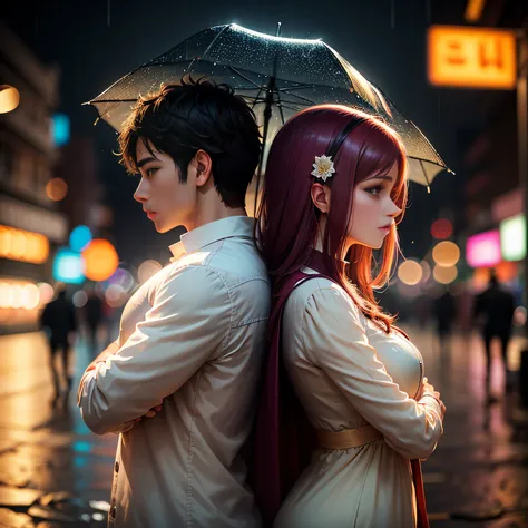 a young man and a woman，Back to back，early evening，It was raining lightly，largeaperture，Background bokeh