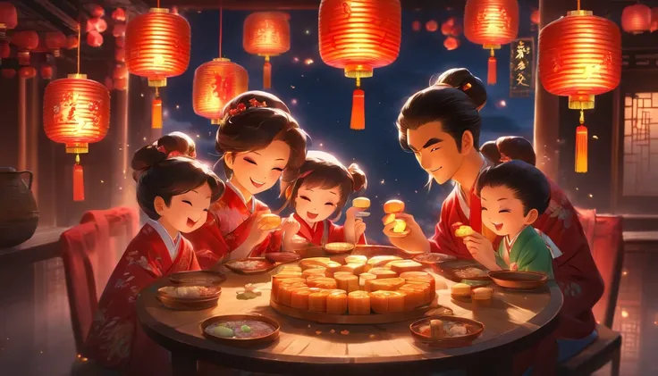 A family of three eating mooncakes，Happy expression of parents and children，There are mooncakes on the table, Food in hand, The round moon hangs lanterns high,Chinese style painting, exciting illustration， HD8K, Rich plot, intricate background, Rich charac...