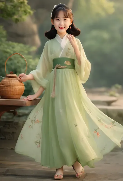 The little girl wearing a light green gauze skirt is a summer costume from the Tang Dynasty in China. She has a smiling face，animated character design, Chinese painting, cute, modest charm, classical style，expression bag, 9 emoticons, happy, smile, sad, se...