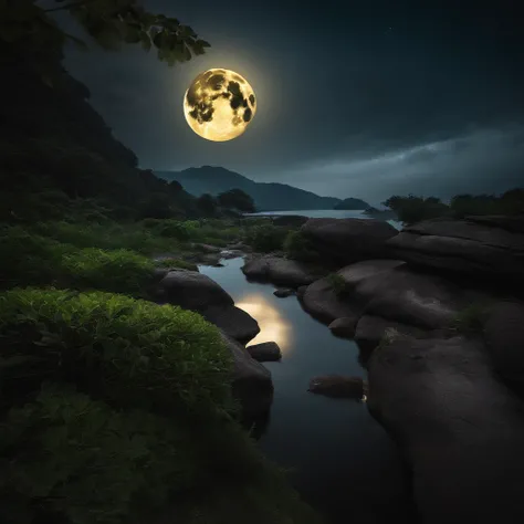 Countryside view，Mid-Autumn Festival night，Full Moon Landscape，The sky is clear at night，Realistic landscape photography of cliff side on top of a rural hill，Professional high-quality nature digital photography，Broad field of view，country scenery，Bushes in...