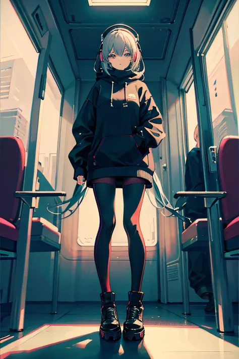 lo-fi, chill, vibes, hoodie, female, window, train, headphones, leggings, scarf, high black boots