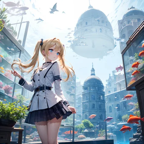 absurderes, ultra-detailliert,bright colour, extremely beautiful detailed anime face and eyes, (Aquarium Date),Gaze at the aquarium,(looking away), A lot of fish are swimming in the aquarium,shiny_skin,25 years old, , (Light white uniform、Black socks、plaid...