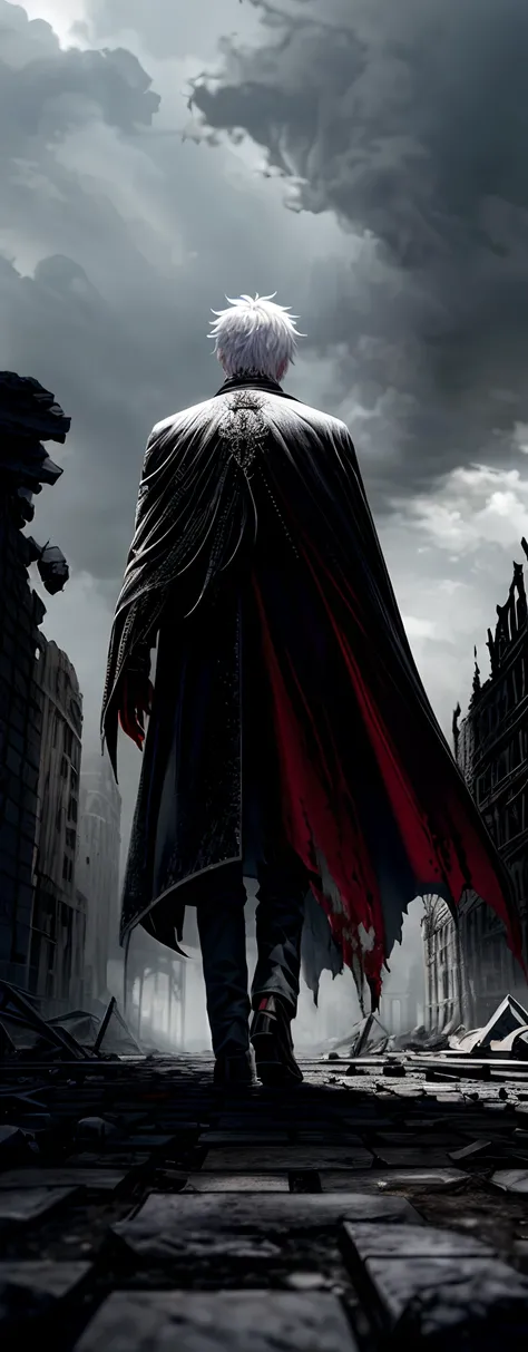 1male people, White hair, Red eyes, (uncle_Shot:1.2), Face focus, Back shadow, side locks,collapse，Wearing a cape, He walked forward，It is surrounded by ruins，There is a terrifying tower ahead, Moonshine is blood-red，Overall cool tones，Moody, Darkness, ,, ...