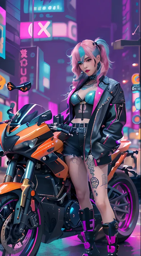 masterpiece, best quality, Confident cyberpunk girl, full body shot, ((standing in front of motorcycle)), Harajuku-inspired pop outfit, bold colors and patterns, eye-catching accessories, trendy and innovative hairstyle, vibrant makeup, Cyberpunk dazzling ...