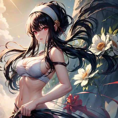 anime, hdr, soft light, ((best quality)), ((masterpiece)), (detailed), Yor Forger, from Spy X Family, white flower headband, black hair, red eyes, detailed eyes, huge breasts, wearing bikini, cleavage, standing