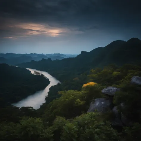 Countryside view，Mid-Autumn Festival night，Full Moon Landscape，The sky is clear at night，Realistic landscape photography of cliff side on top of a rural hill，Professional high-quality nature digital photography，Broad field of view，country scenery，Bushes in...