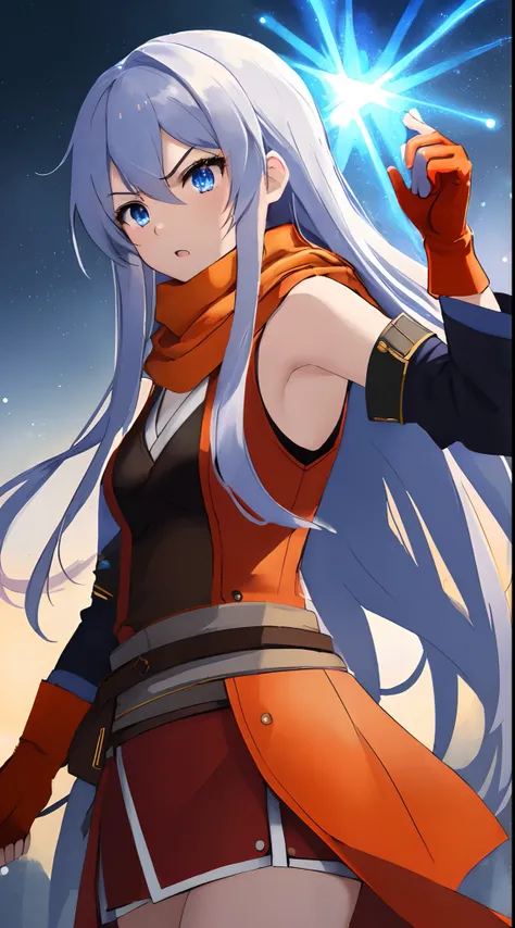 (masterpiece, best quality:1.3), a beautiful photograph of  micaiah fe, 1girl, red_scarf, breasts, ((orange_gloves)), elbow_gloves, fingerless_gloves, floating_hair, gloves, jacket, long_hair, red_kimono, scarf, white_hair, sleeveless, sleeveless_jacket, s...