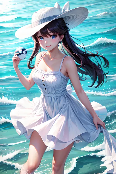 hight resolution, top-quality,  ultra-quality, The ultra-detailliert, lighting like a movie、Pokemon Trainer Woman、Beautiful sister、White dress、a straw fedora hat、Road by the sea、A smile、