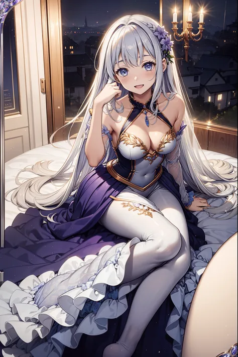 teens girl，Enchanted，having fun，Being in love，Princess dress in white fantasy world，Light silver hair，eBlue eyes，A small amount of lilac pattern，(see-through transparent clothes)，exquisite costumes，Bedrooms，solo person，the night，Simple pantyhose