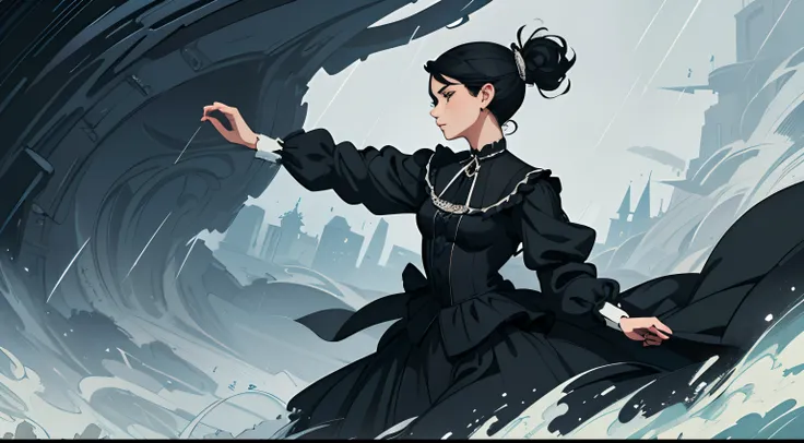 beautiful and asethetic, masterpiece, movie poster, best quality, drawing of a side view of a black haired woman with a high collared black long sleeved victorian dress running in heavy rain, bright colors, by james jean style, fantastical elements