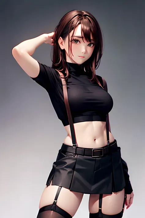 Black skirt, 　suspenders, Brown hair Gray eyes, Garter belt on the legs, Tight black clothes, 　　 a belt　Armpit sweat　　Dark look　Moderately breasts　holster