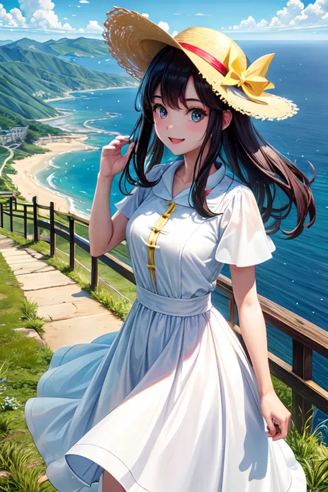 hight resolution, top-quality,  ultra-quality, The ultra-detailliert, lighting like a movie、Pokemon Trainer Woman、Beautiful sister、White Dress、Yellow straw hat、A hill road overlooking the sea、A smile、