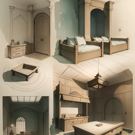 sketches of a fantasy SF room, sketch, flickr, conceptual art, colorful architectural drawing, architectural illustration, interior design details, visual development, interior design architecture, concept art h 800, watercolor illustration style, traditio...